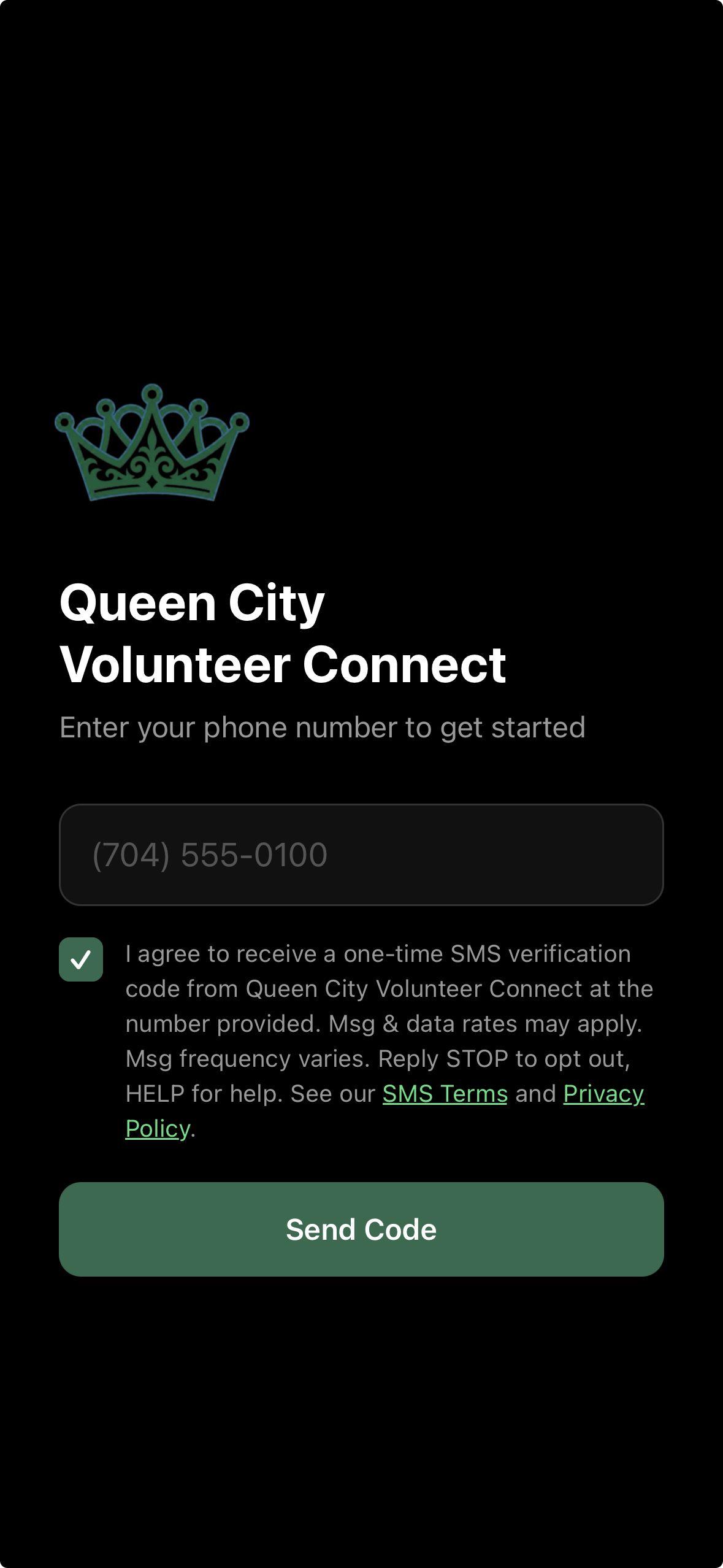 QCVC sign-in screen after consent: the SMS consent checkbox is checked and the Send Code button is enabled.