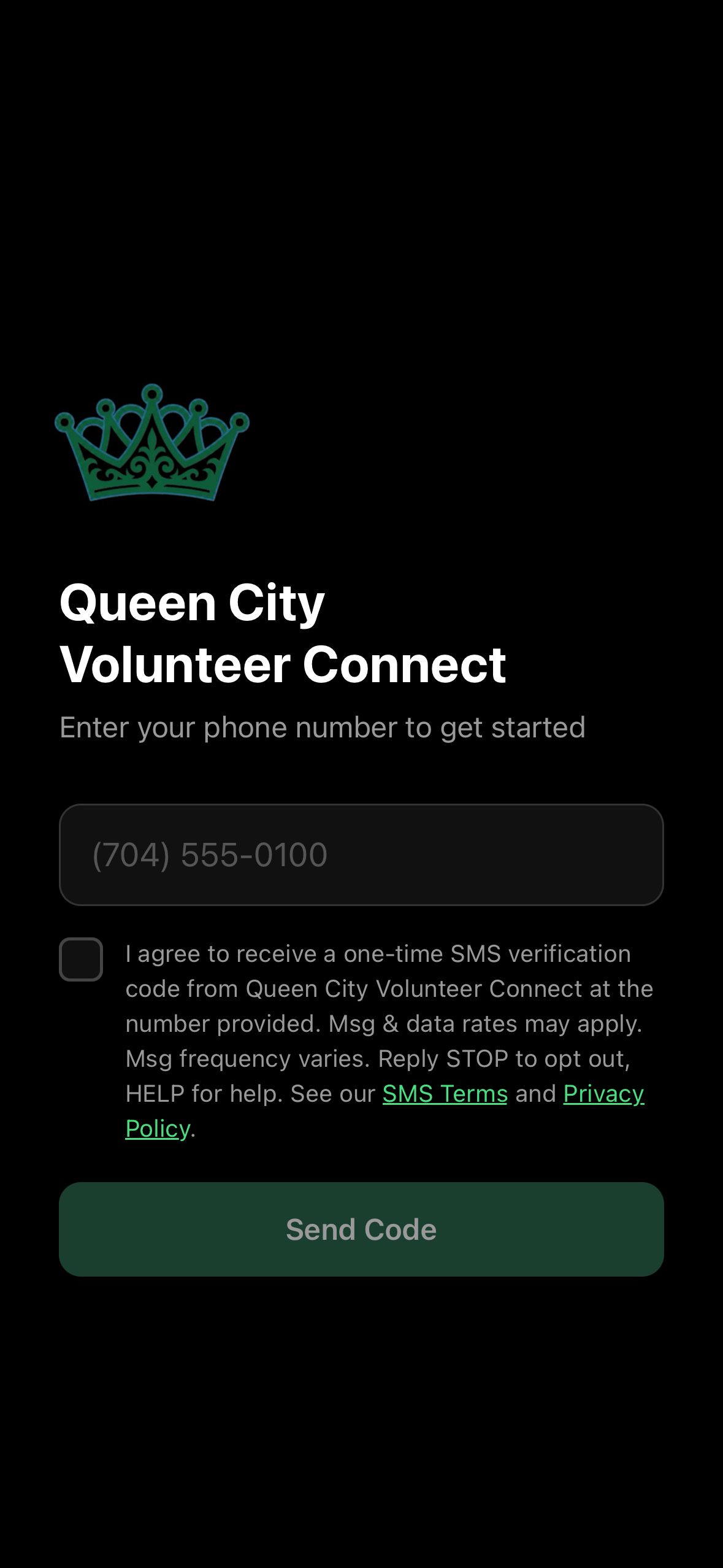 QCVC sign-in screen before consent: the SMS consent checkbox is unchecked and the Send Code button is disabled.